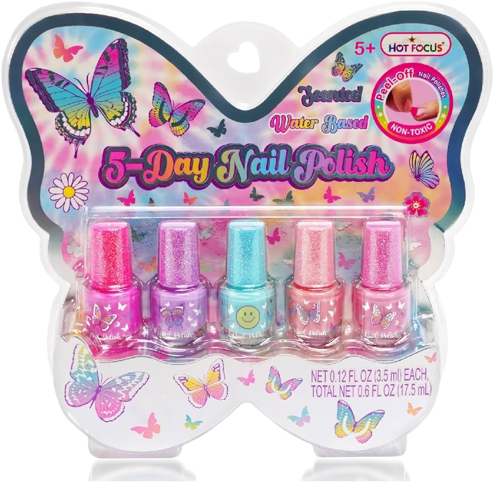 Hot Focus Nail Polish Set for Toddler, Kids & Little Girls - 5 Piece Scented Water Based Nail Polish for Girls - Quick-Dry & Peel Off Nail Polish Kit - Ideal Gift for Girls (Butterfly)