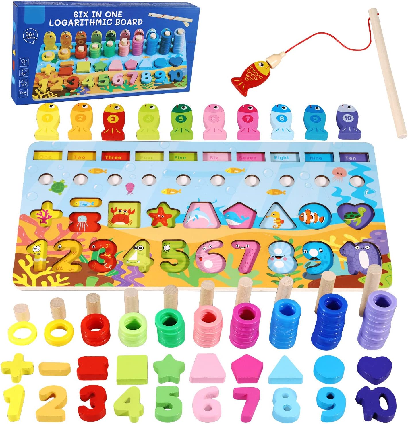 6 in 1 Wooden Montessori Learning Toy, Magnetic Fishing Game, 6-in-1 Wooden Blocks Puzzle Board Set Alphabet ABC, Numbers, Mathematical Signs and Letters for Toddlers Preschool Montessori Counting Educational Wooden Toy 36 m +