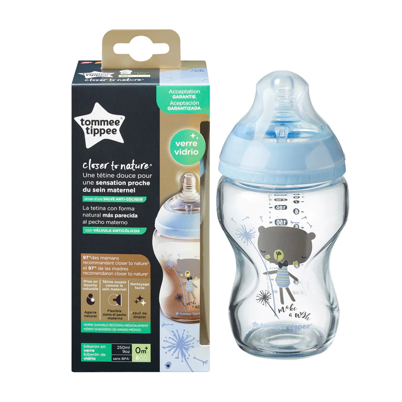 NEW Tommee Tippee Closer To Nature Pure Glass Med Flow Feeding Bottle, 0m+, 250ml,
