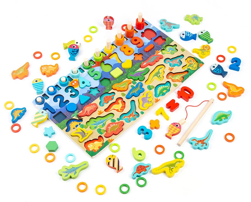Kids Learning Toys Wooden Magnetic Fishing Puzzle Set Activity Matching Board Toy Dinosaur Theme Logarithmic Board Wholesale Wooden Toy