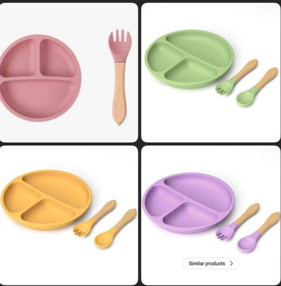 Silicone Baby Feeding Set 3 in 1, Silicone Divided Suction Plate, Led Weaning Set, Plates And Utensils Set, Tableware, Plate And Spoon